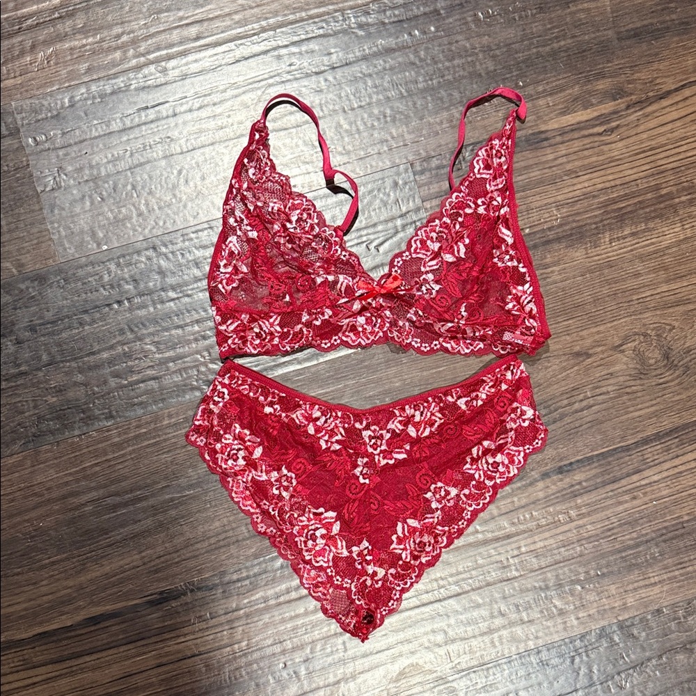 Red Lace Bralette and Brief Set - Women Intimates